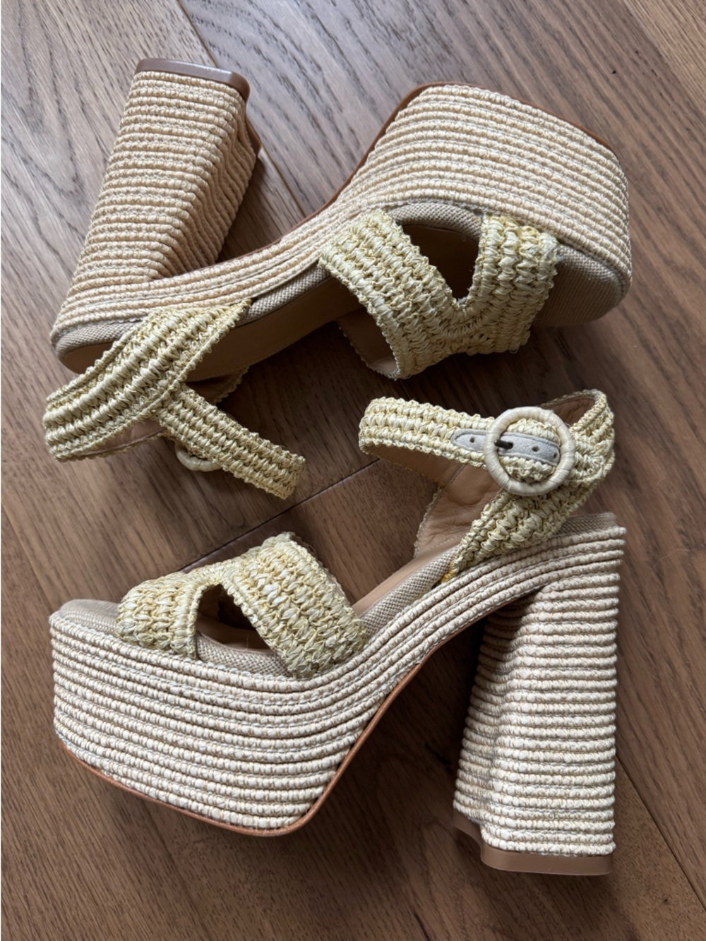 Castaner Adriana Raffia Platform Sandals - NWOT - Size 35 - Natural Tan & Beige